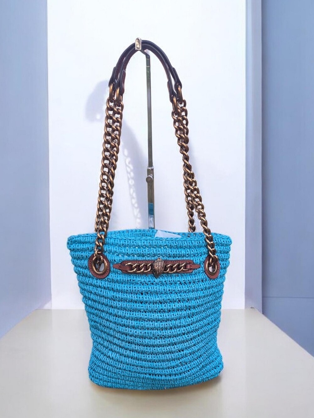 Kurt Geiger Woven Straw Tote Bag in Bright Turquoise with Chain Handle